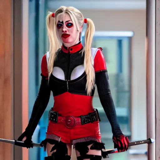 Image similar to A still of Kaley Cuoco as Harley Quinn