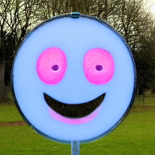 Image similar to a pastel colour Polaroid photo of large smiley face sign made of transparent iridescent perspex stood in a field, nostalgic