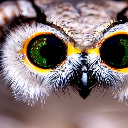 Image similar to jumping spider mixed with owl with 4 eyes and nightvision goggles, cute creature, hybrid, anamorphic lens, bokeh, kodak color film stock, macro shot