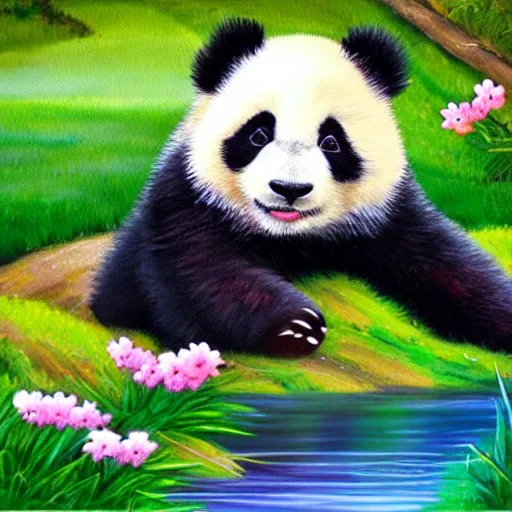 Image similar to cute fluffy happy baby panda cub playing in spring landscape with lake and flowering trees detailed painting 4k