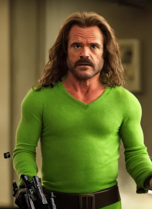 Image similar to film still of Kermit the Frog as Martin Riggs in Lethal Weapon, 4k