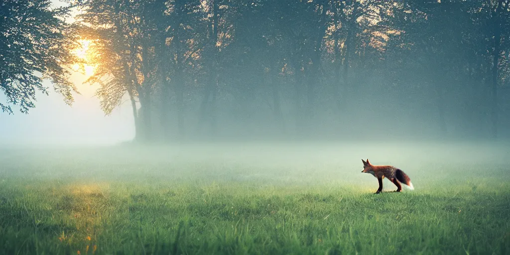 Prompt: Lone fox sitting near idyllic pond, meadow, blanket of fog, rain, volumetric lighting, beautiful, golden hour, sharp focus, ultra detailed, cgsociety