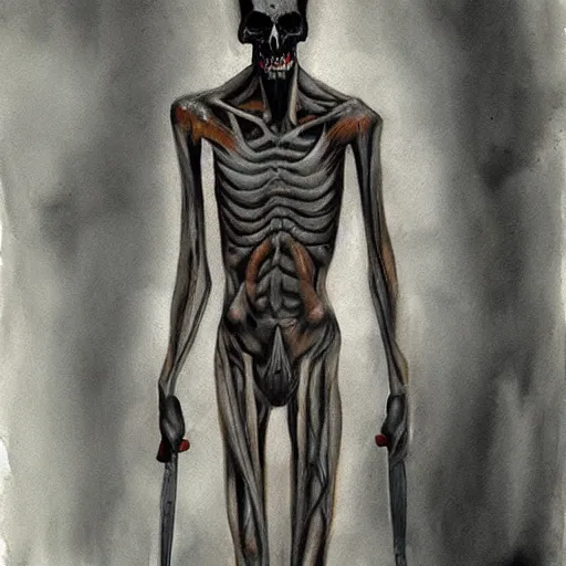 Prompt: death-camp-survivor-super-skinny-emaciated-horribly-skinny-Demon-Haunting painting by Thomas-Montacellinio