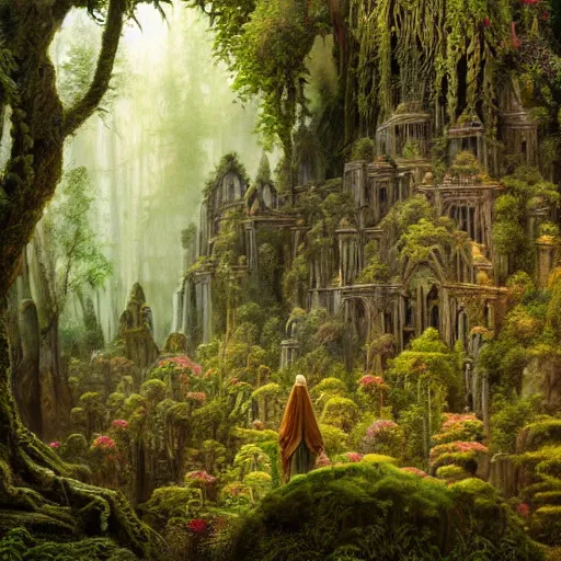 Image similar to a beautiful and highly detailed oil painting of an elven forest temple in the misty mountains, detailed plants and trees and flowers, intricate details, epic scale, insanely complex, 8 k, sharp focus, hyperrealism, fantasy landscape, psychedelic patterns, by caspar friedrich and james gurney,