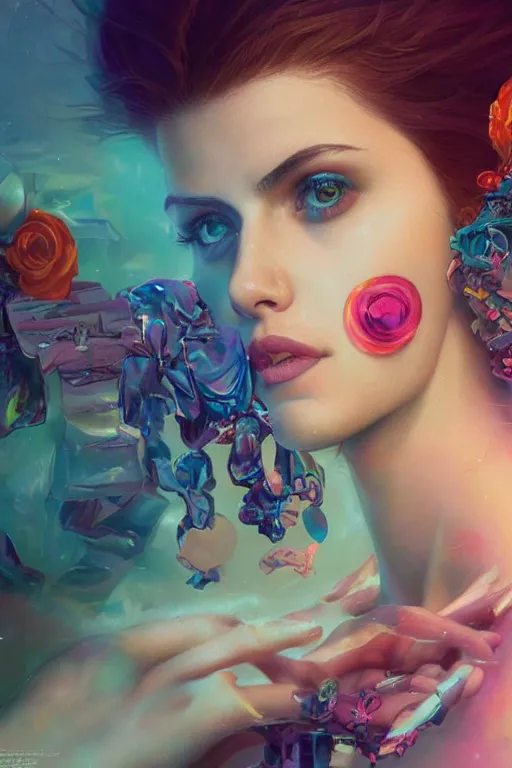 Prompt: alexandra daddario portrait of a vaporwave girl in a cluttered 9 0 s bedroom, by artgerm, tom bagshaw, gerald brom, vaporwave!, vaporwave colors!, lo fi colors, lo fi, 4 k, hd,