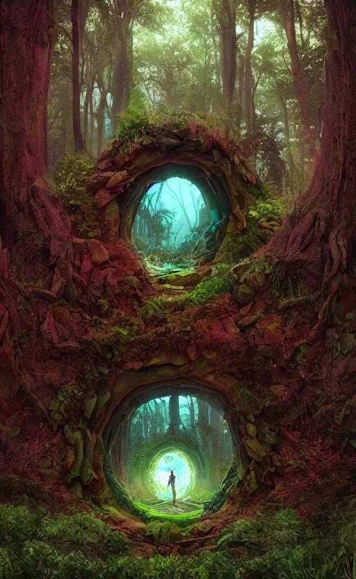 Image similar to the portal in the forest other world inside portal in the style of Roger Dean and beeple, 35mm, photo realistic, epic, cinematic