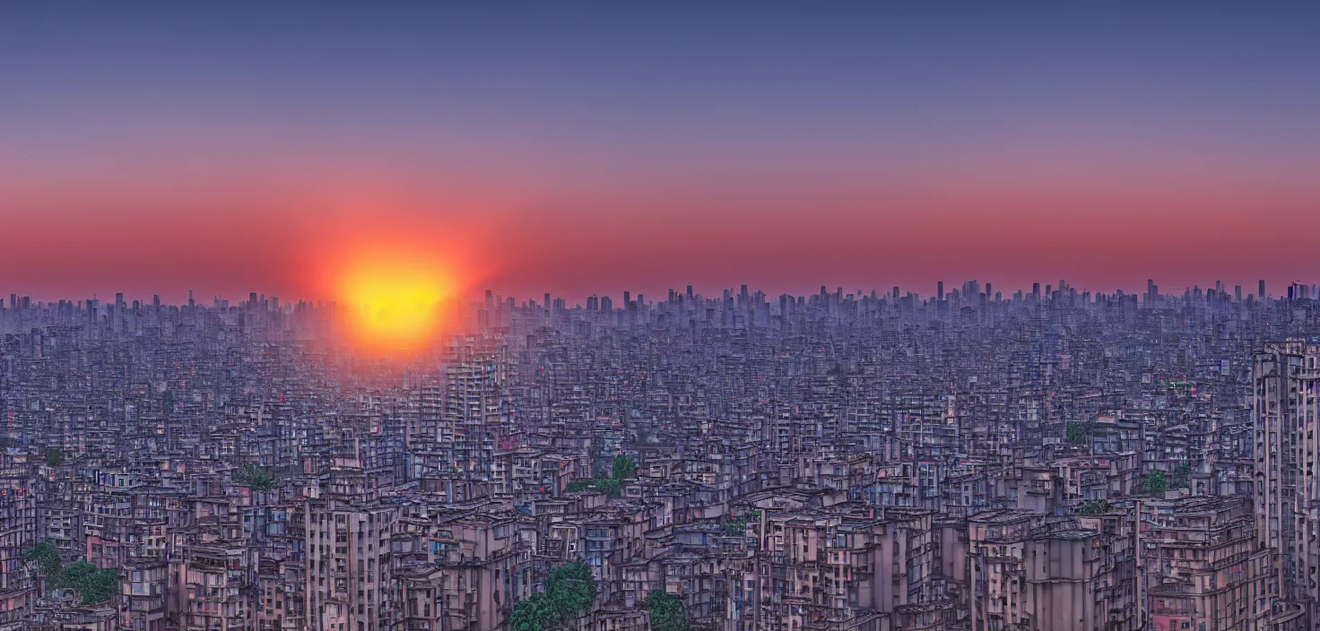 Image similar to studio ghiblli city, sunrise, 8 k denoised, high detail