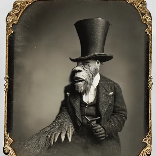 Prompt: a vintage wet plate portrait of a dignified bigfoot with a top hat and cane, extremely detailed, by james van der zee!!!!!!!!!!!!!!!!!!