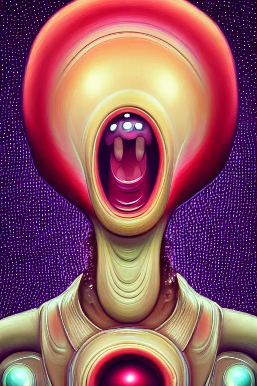 Prompt: art deco close up portait of mushroom head with big mouth surrounded by spheres, rain like a dream digital painting curvalinear clothing cinematic dramatic fluid lines otherworldly vaporwave interesting details epic composition by artgerm