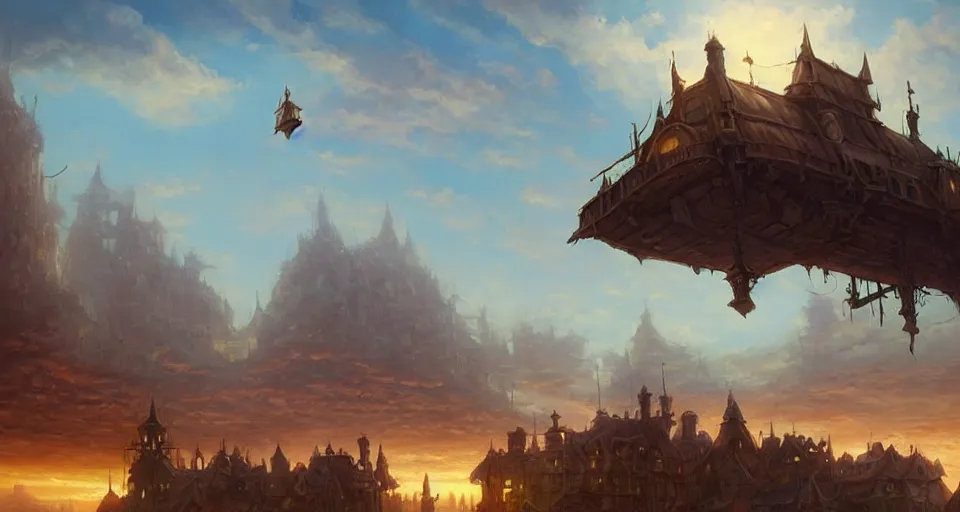 Prompt: low fantasy, landscape an floating town in the sky and an sky - ship flying towards it andreas rocha