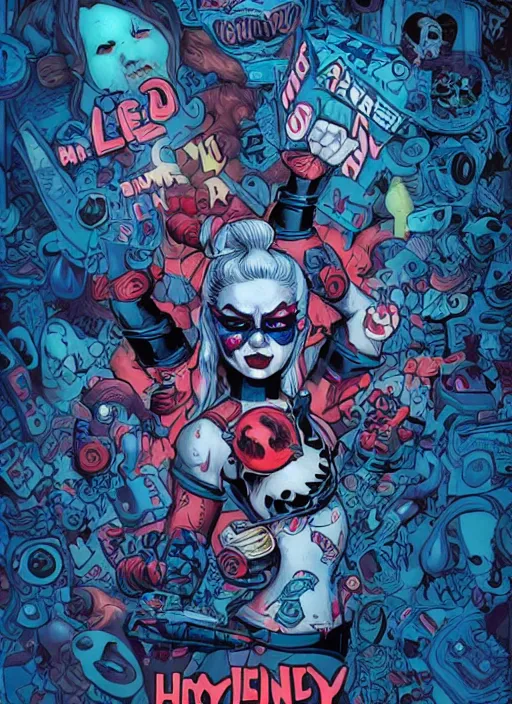 Image similar to a photorealistic dramatic hyperrealistic full frame render of a beautiful eerie comic supervillain character harley quinn by joe fenton, dan mumford, color poster art design, beautiful dynamic dramatic dark moody lighting, shadows, cinematic atmosphere, octane render, 8 k