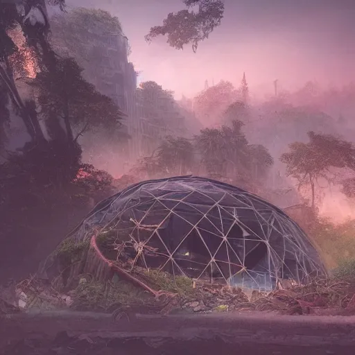 Image similar to highly detailed digital matte painting of a beautiful abandoned, overgrown, damaged crashed croissant, by Raphael LaCoste and Ruan Jia and Robert McCall, postcyberpunk, geodesic dome, hyperdetailed, sunrise, wide shot, autochrome, octane render @MarioManiacDude