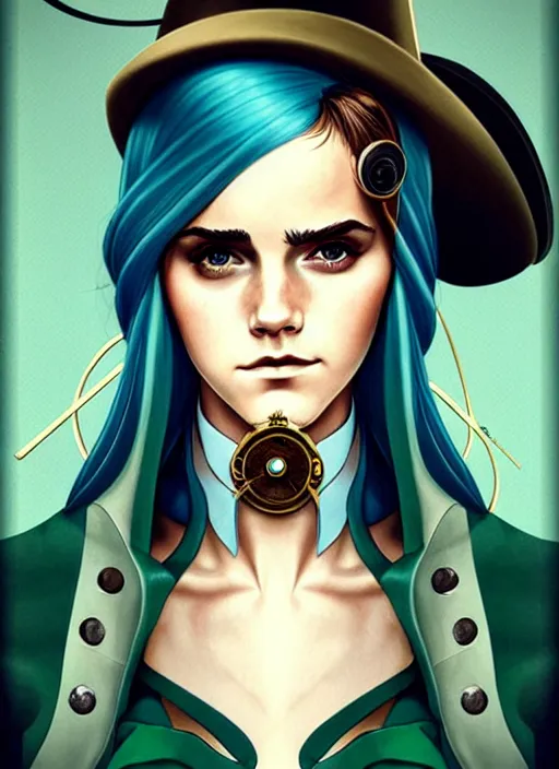 Image similar to style artgerm, joshua middleton, emma watson with green dress, very long blue hair, symmetrical face, symmetrical eyes, steampunk western gunslinger with monocle, cinematic lighting