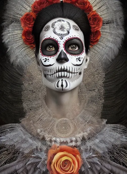 Image similar to dia de los muertos theme surrealist art in the styles of igor morski, jim warren, and aida muluneh, intricate, hyperrealistic, accurate facial details, profile picture with chromakey!!!!! background, volumetric lighting