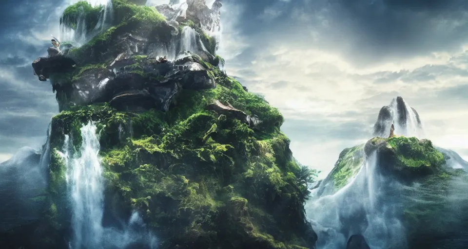 Image similar to A magnificent floating island in the sky above the sea, defying gravity, waterfall falling down, epic lighting, epic composition, cinematic, highly detailed, 4k