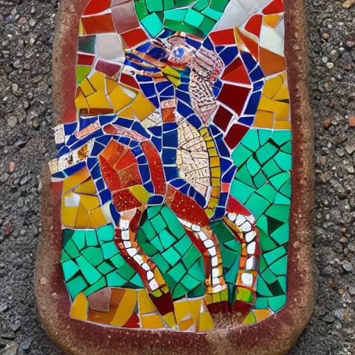 Image similar to mosaic sculpture of a alebrije chimera, irregularly shaped mosaic tiles, hand glazed pottery shards, in the style of folk art, in a cottagecore flower garden