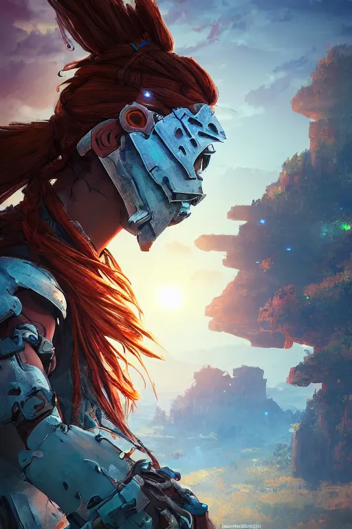 Image similar to combination suit armor aloy horizon forbidden west horizon zero dawn radiating a glowing aura global illumination ray tracing hdr fanart arstation by ian pesty and alena aenami artworks in 4 k tribal robot ninja mask helmet backpack