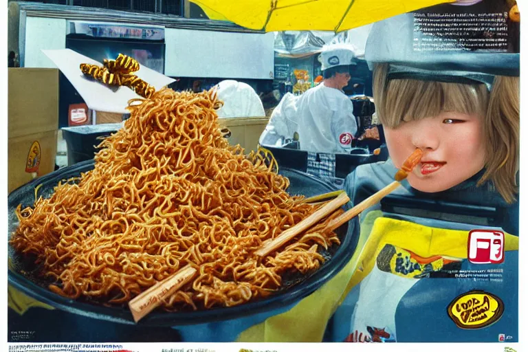 Image similar to mcdonald's fried bees in a yakisoba, in 1 9 9 5, y 2 k cybercore, advertisement photo. artwork by craig mullins