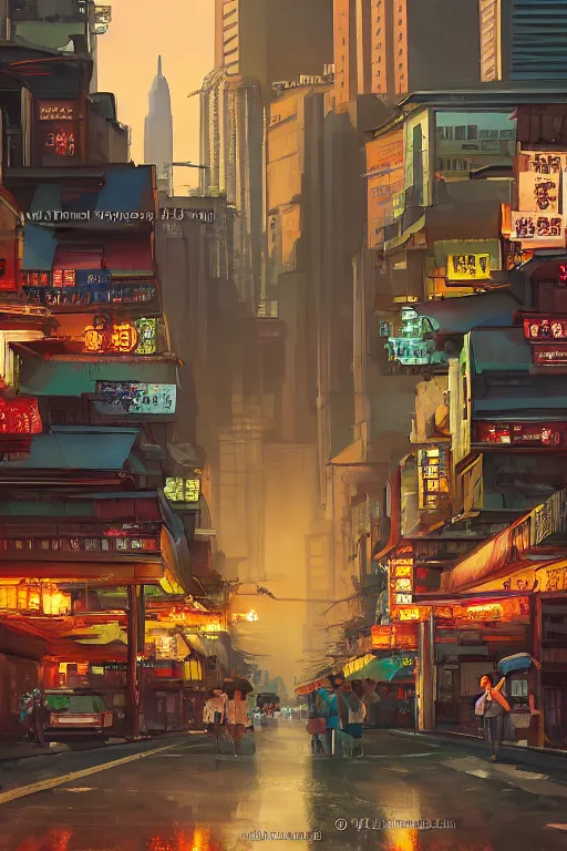 Prompt: hawker street with kuala lumpur twin towers in the background, evening, highly detailed matte painting, studio ghibli, artstation