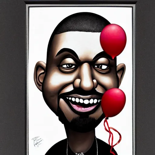 Image similar to grunge cartoon painting of kanye with a wide smile and a red balloon by chris leib, loony toons style, pennywise style, corpse bride style, horror theme, detailed, elegant, intricate