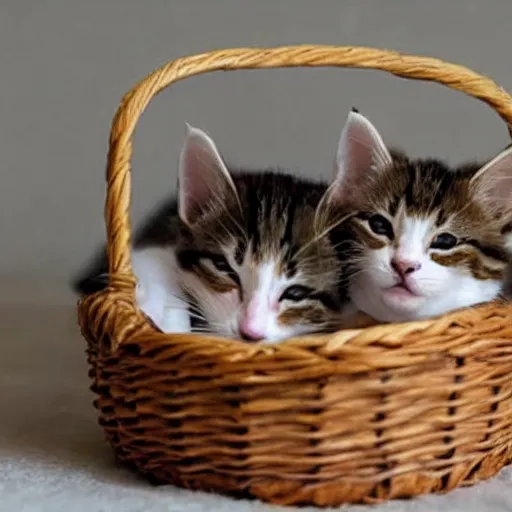 Image similar to two kittens sleeping in a basket, happy, cute