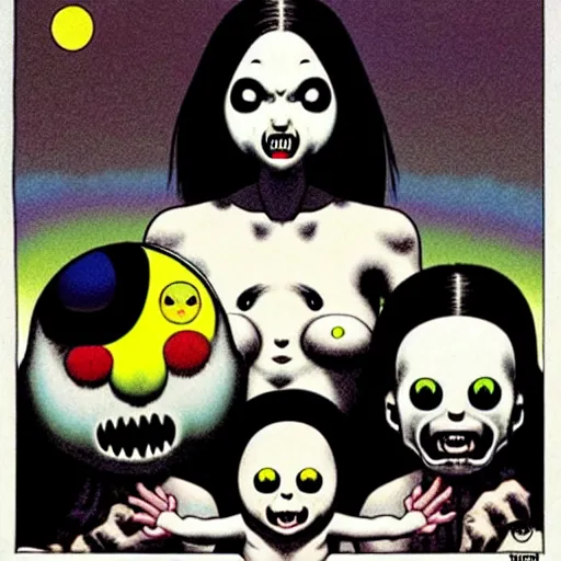 Prompt: a creepy family, by richard corben and takashi murakami