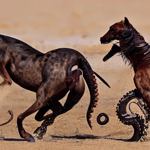 Image similar to National Geographic photo of horse full of octopus being eaten by African hunting dogs