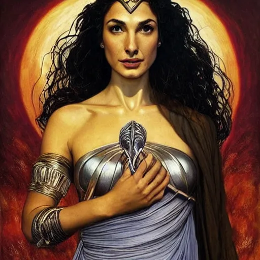 Prompt: Full body oil painting of the beautiful goddess Gal Gadot as hera, she is wearing roman clothes and a surreal jewelry, her hair is natural disheveled, she is approaching heaven over the clouds, naturalism, dramatic lighting, high-detailed oil painting by Ilya Repin, Michelangelo da Caravaggio, William Blake, Alex Grey and Beksinski, trending on Artsation, hystorical painting, naturalism, masterpiece, 4k, 8k,