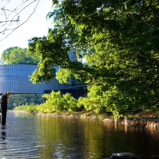 Image similar to a man fishing into a river with trees and a sci - fi containment building in the background, a sense of hope and optimism, monumental, harsh sunlight