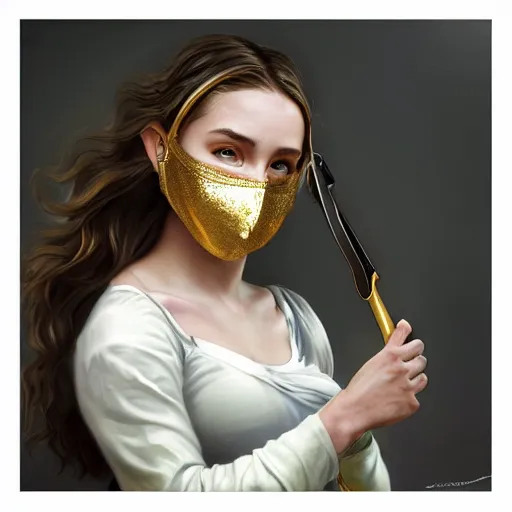 Image similar to 1 5 year old white girl with a white shirt that has one shoulder visible, wears black sports shorts and a golden mask on her face, intricate, highly detailed, digital painting, artstation, concept art, smooth, sharp focus, illustration, unreal engine 5, 8 k, art by artgerm and greg rutkowski and alphonse mucha