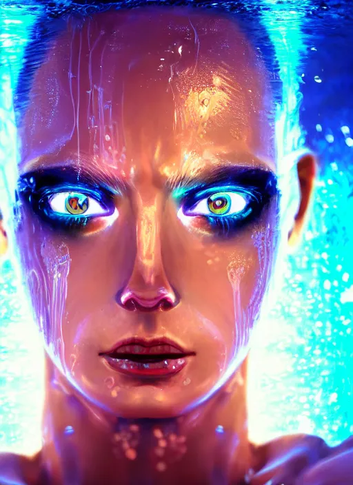 Image similar to beautiful extreme closeup portrait of an cyberpunk girl fully submerged ecxept of the top of her head, stunning look in her eyes, water reflection, neon lighting, in the style of Andrey Gevechanov, highly detailed, soft lighting, elegant,sigma 85mm, Edward Hopper and James Gilleard, Zdzislaw Beksinski, Steven Outram, highly detailed