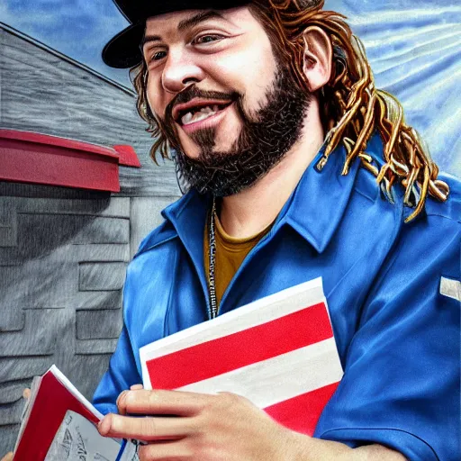 Prompt: a closeup photorealistic illustration of post malone delivering mail as american mail carrier with blue bag. fine detail. this 4 k hd image is trending on artstation, featured on behance, well - rendered, extra crisp, features intricate detail, epic composition and the style of unreal engine.