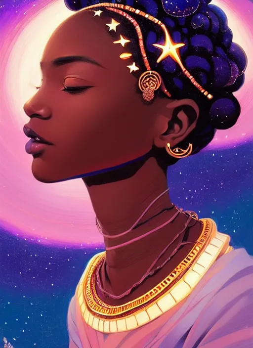 Image similar to a comic portrait of a cosmic african goddess with stars and clouds, fine - face, realistic shaded perfect face, fine details, jewelry, night setting. very anime style. realistic shaded lighting poster by ilya kuvshinov katsuhiro, magali villeneuve, artgerm, jeremy lipkin and michael garmash, rob rey and kentaro miura style, trending on art station