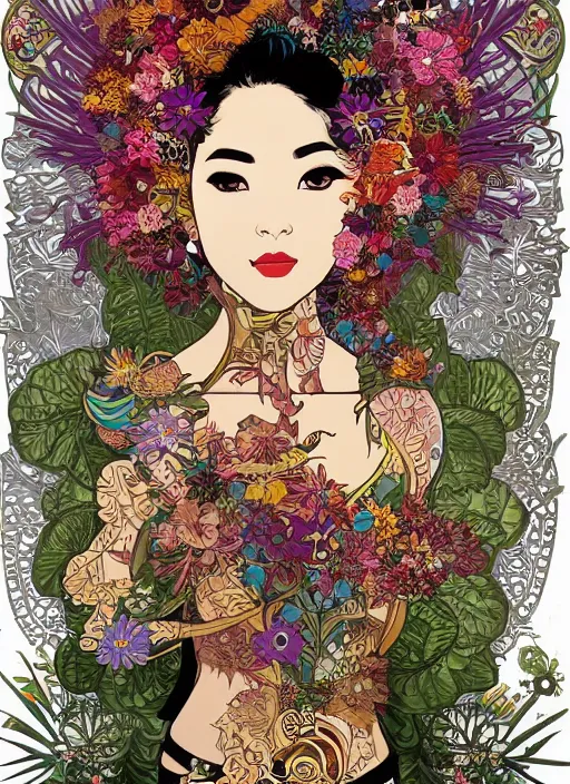 Prompt: !!! very coherent!!! vector art, beautiful floralpunk balinese cyborg portrait girl female illustration detailed patterns art of bali traditional dress, flower pop art, floral splash painting, art by geof darrow, ashley wood, alphonse mucha, makoto shinkai, dark shadow