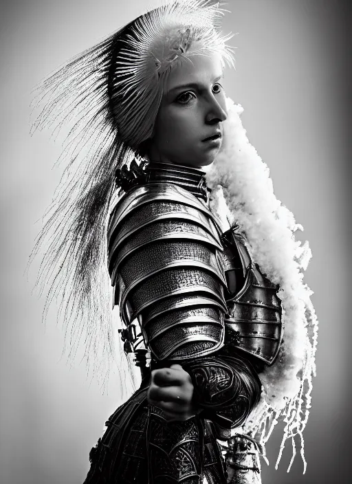 Prompt: head and shoulders portrait of a female knight made of milk feather and white smoke, glamor shot, portrait, ilford hp 5, f / 2. 8, black and white, high contrast, 1 6 k, lonely, perfectionism, halfrear lighting, insanely detailed and intricate, hypermaximalist, super detailed