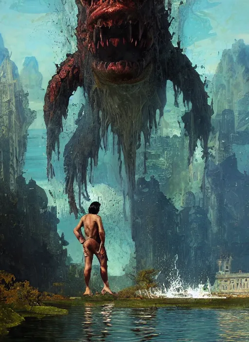 Prompt: huge towering alien brute demon king emerging from lake on sunny day, splashing, partially submerged, by sergey kolesov and lawrence alma tadema and norman rockwell and greg staples and craig mullins and john berkey and ruan jia, artstation creature art