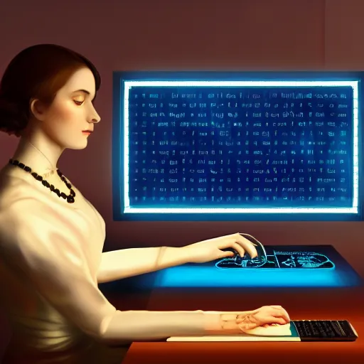 Image similar to Ada Lovelace coding on an ultramodern computer, beautifully lit, colorful screens, blue light, hyperrealism science fiction digital illustration