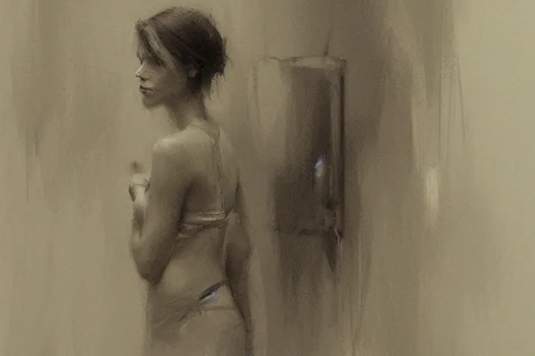 Image similar to a young lady by jeremy mann and greg rutkowski, graphite sketch on paper