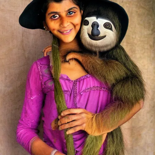 Image similar to a beautiful young indian cottagecore witch holds a cute sloth, traditional disney, still from movie, award winning