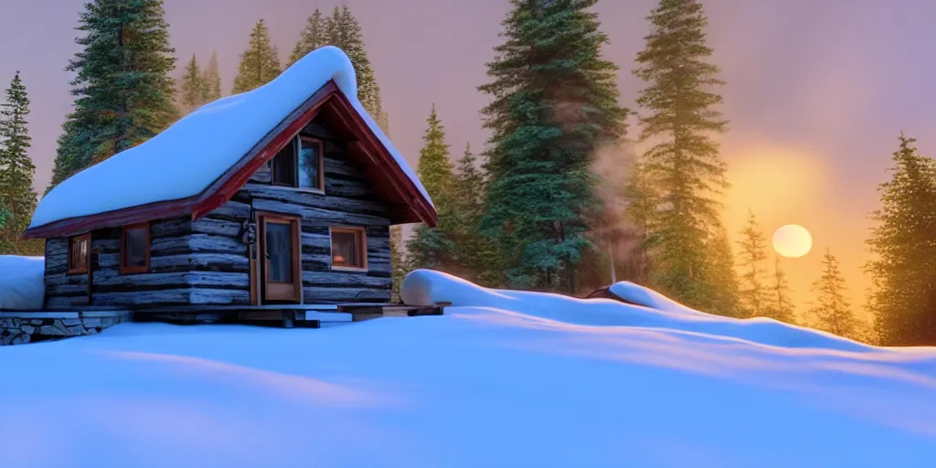 Image similar to a cozy little house in the woods, snowy mountains in the background relaxing, 3 d concept art by phillip urlich, chill, relaxing, peaceful, sunset, extremely detailed art, unreal engine 5, hyper realism