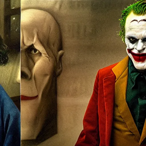 Prompt: portrait of the joker, joker is laughing, joaquin phoenix as joker, drama, chaos matte painting by hieronymus bosch and zidislaw beksinsky