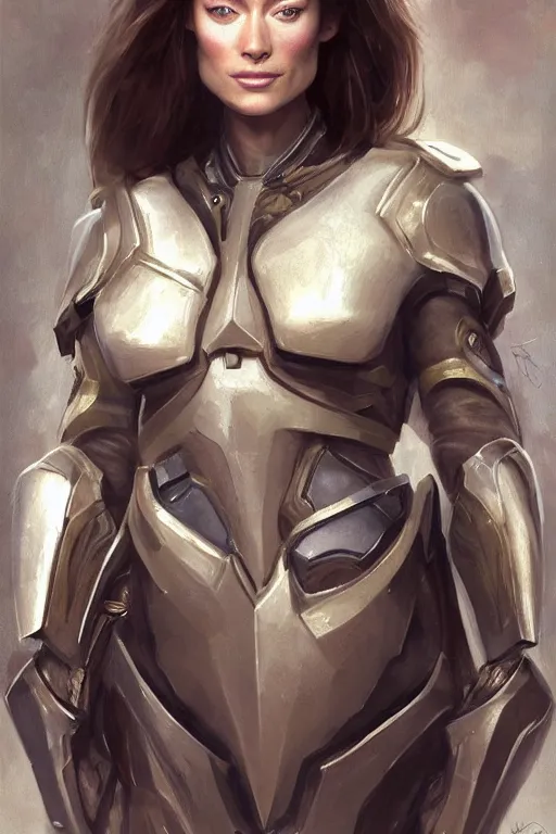 Image similar to a professional painting of a young Olivia Wilde, clothes in military armor, olive skin, long dark hair, beautiful bone structure, symmetrical facial features, intricate, elegant, digital painting, concept art, smooth, sharp focus, illustration, from StarCraft by Ruan Jia and Mandy Jurgens and Artgerm and William-Adolphe Bouguerea