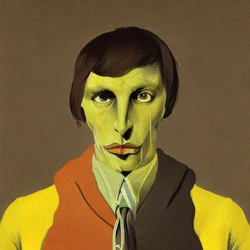 Image similar to portrait horse-face Nightmarish Horse Man Warlock the Bobby Fischer camouflaged as a Pony wearing a yellow hoodie eyvind earle greg rutkowski edgar degas andrew wyeth giorgio de chirico