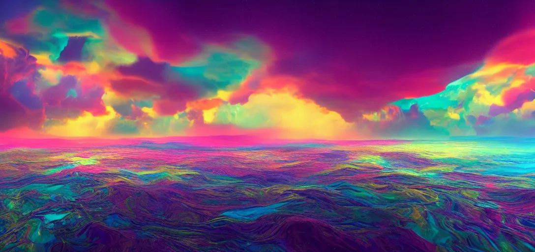 Prompt: surrealistic render of a candy landscape, sugar dust, colourful liquid river, iridescent cloudy skies, waves, reflections, refractions, caustics, dappled light, cinematic lighting, ultra detailed, sharp, ambient occlusion, raytracing, 3 d artstation render by greg rutowski, finnian macmanus and jessica rossier