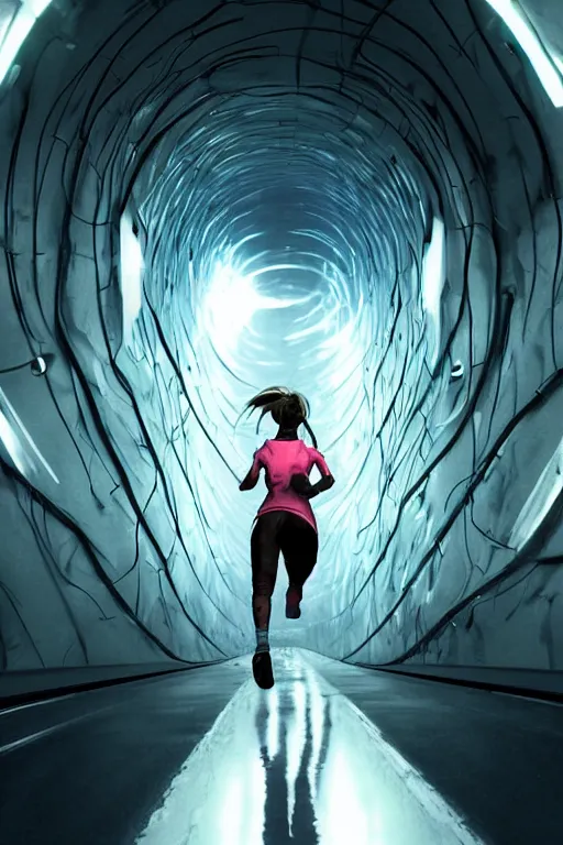 Prompt: cute girl running in hadron collider tunnel, by greg rutkowski and raymond swanland, sharp focus, trending on artstation, cinematic lighting