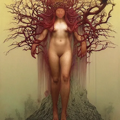 Image similar to forest spirit queen of jupiter by zdzisław beksinski, iris van herpen, raymond swanland, craig mullins and alphonse mucha. highly detailed, hyper - real, beautiful