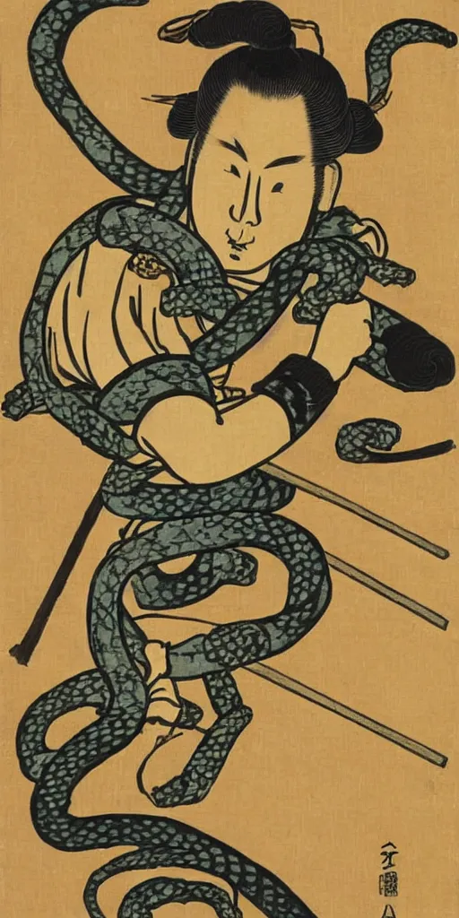 Image similar to japanese woodblock style painting of a samurai with a snake head