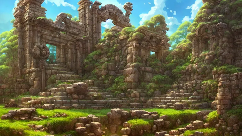 Image similar to ancient temple ruins, studio ghibli, pixar and disney animation, sharp, rendered in unreal engine 5, highly detailed, digital painting, artstation, concept art, smooth, sharp focus, illustration, wide angle, artbook, wallpaper, splash art, promo art, dramatic lighting, art by artgerm and greg rutkowski and bo chen and jin xiaodi