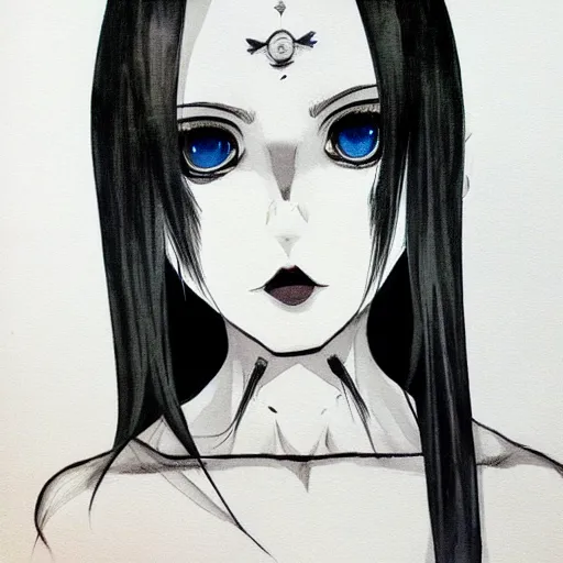 Image similar to headshot art of a goth anime woman, attractive, symmetrical face, trending on artstation, black and white watercolor