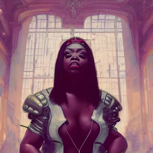 Prompt: cyberpunk fat oprah winfrey head domme mistress, full body, dominatrix, tribal, smooth white tight clothes suit, ornate, very beautiful, concept art, realistic painting, androgynous, afrofuturism, daz 3 d, cinematic, cgsociety, digital art by greg rutkowski, by alphonse mucha,